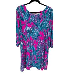 Women's Lily Pulitzer Ophelia Pink Elephant 3/4 Sleeve Knee Length Knit Dress XL